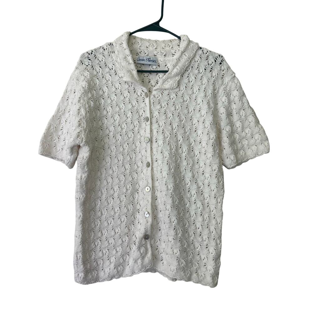 Vintage Cotton Forever Ivory Openwork Knit Cardigan 100% Cotton Cottagecore L